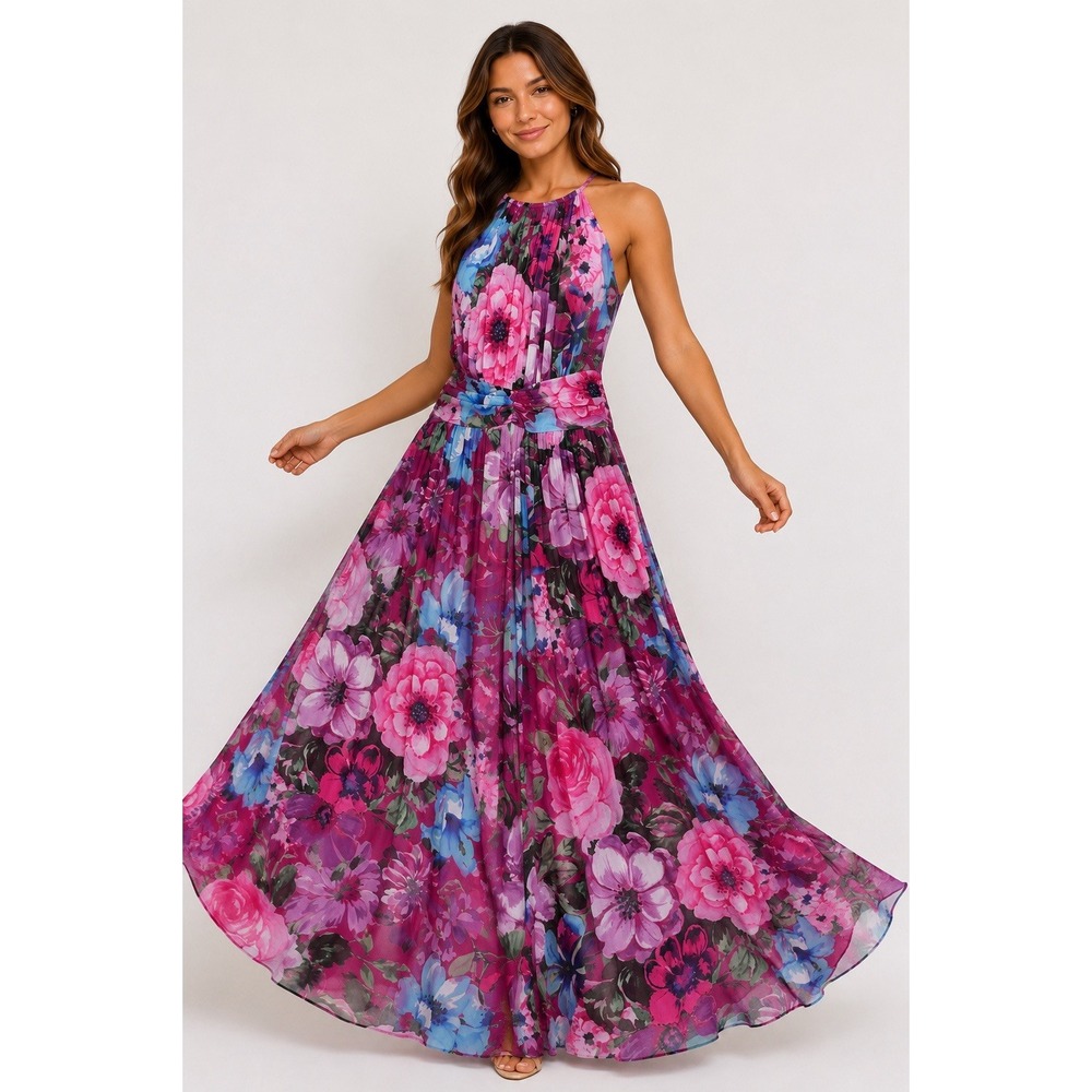 London Times Floral Maxi Dress Womens 12 Sleeveless Pleated Wedding Guest